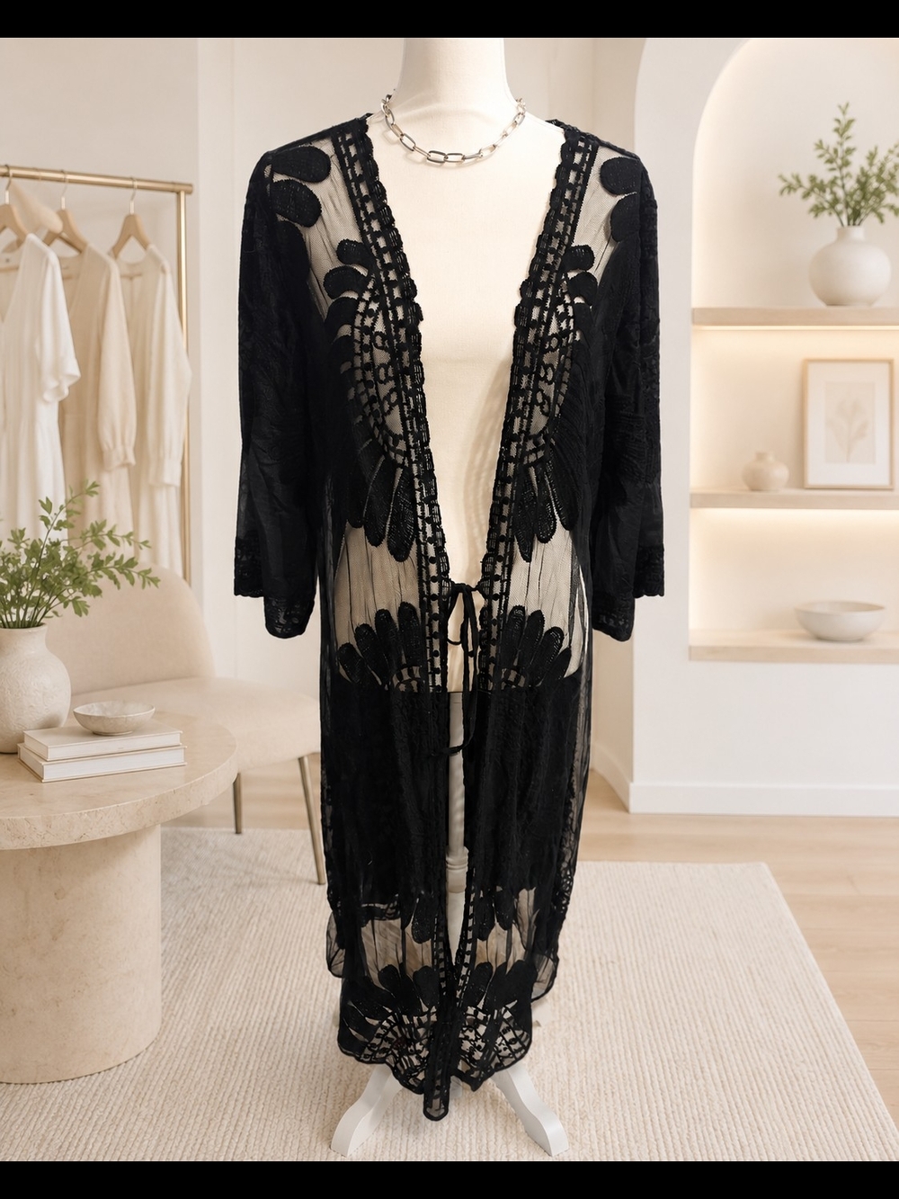 Adiva Black Lace Sheer Crochet Swim Cover-Up Kimono - Picture 2 of 6